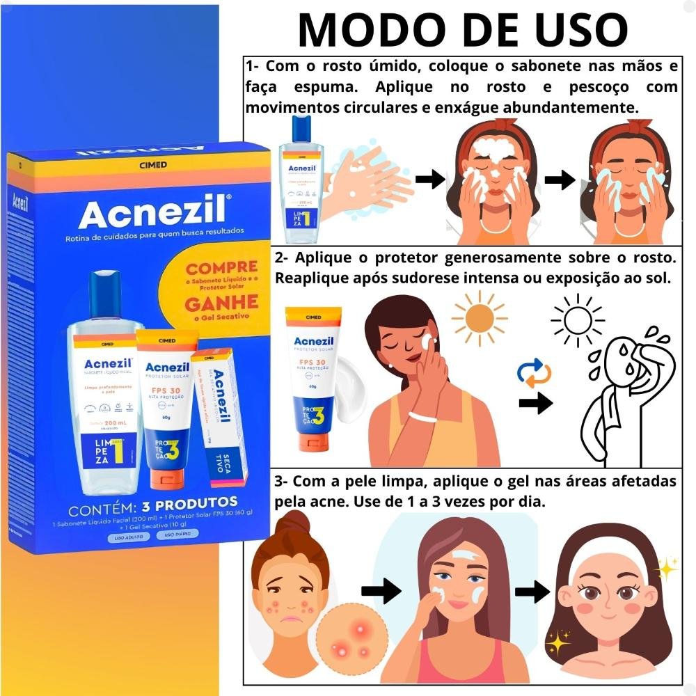 Kit Cimed Acnezil: 1 Sabonete Líquido 200ml, 1 Protetor Solar FPS 30 60g e 1 Gel Secativo 10g ÚNICO 5