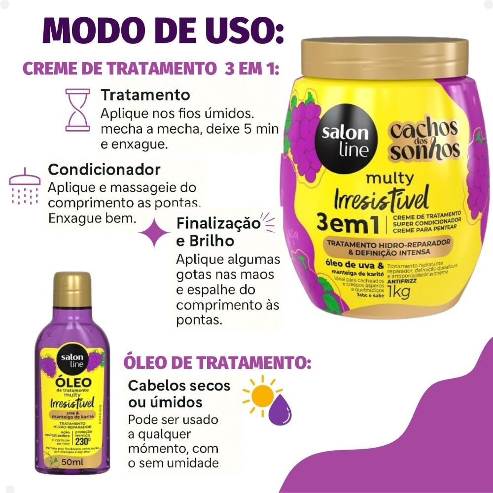 Kit Salon Line Multy Irrestível: 1 Creme 3 em 1 e 1 Óleo Uva ÚNICO 4