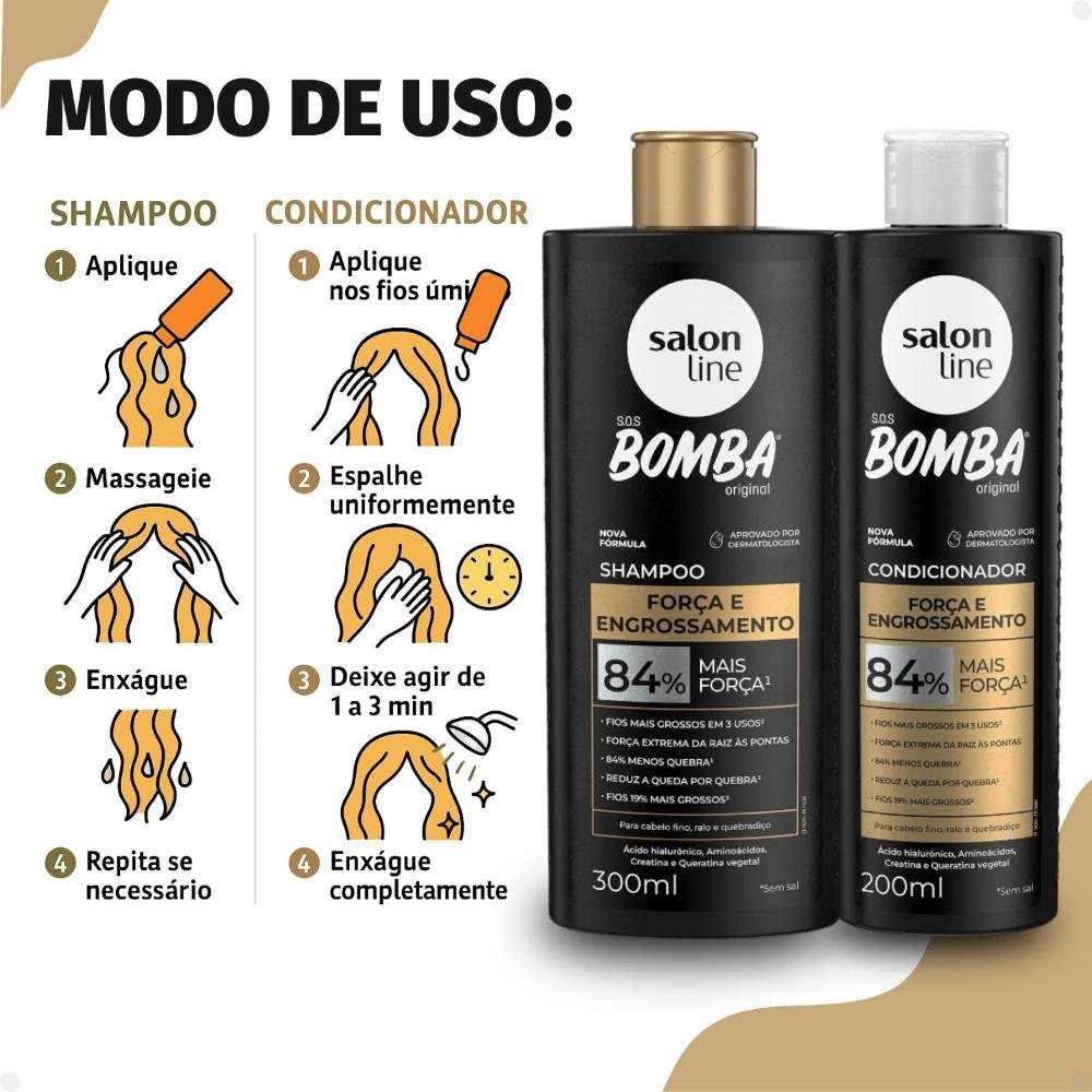 Kit Salon Line SOS Bomba Força e Engrossamento: Shampoo 300ml e Condicionador 200ml ÚNICO 4