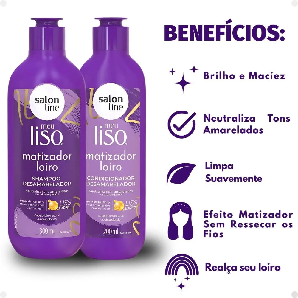 Kit Salon Line Meu Liso Matizador Loiro: Shampoo 300ml e Condicionador 200ml Desamarelador ÚNICO 2