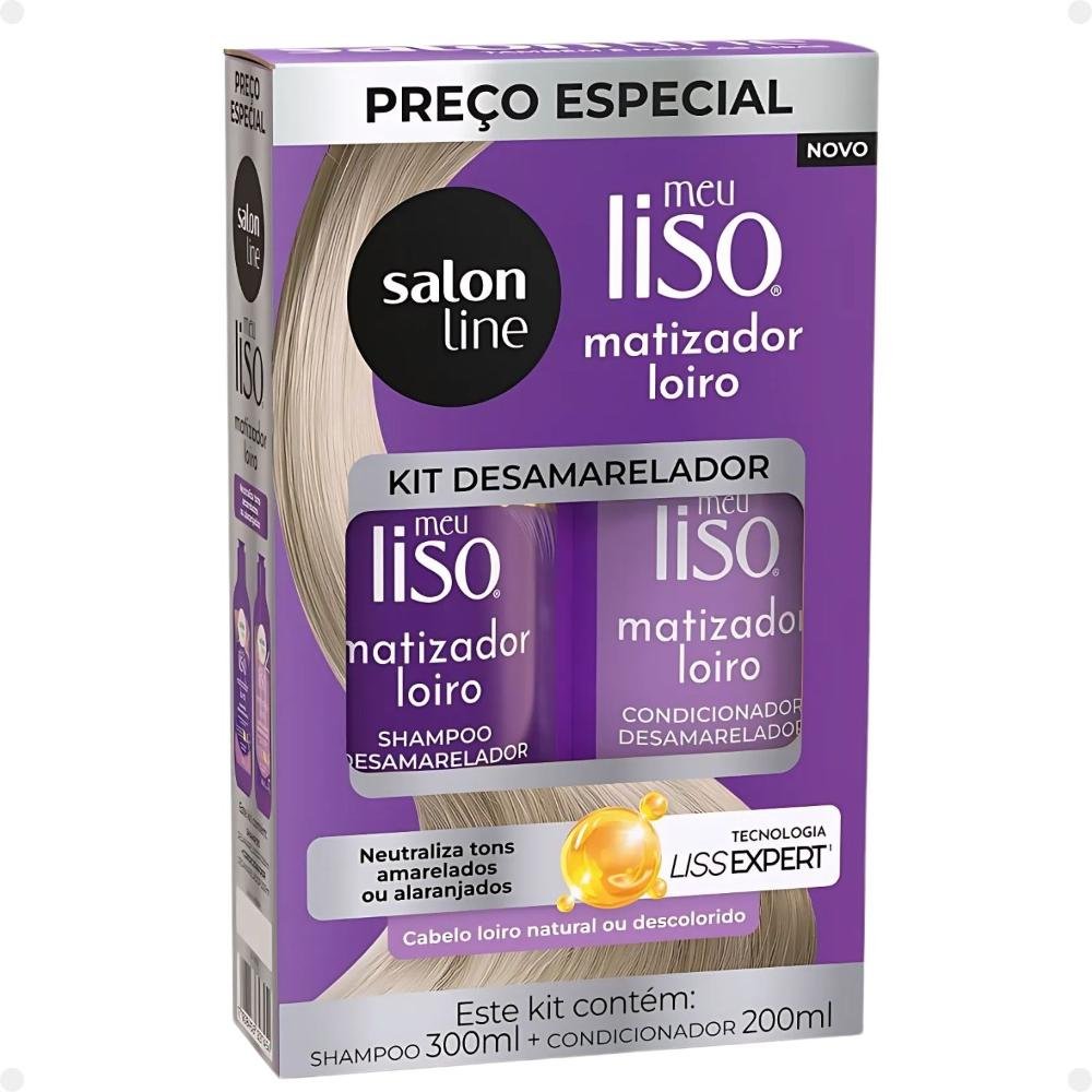 Kit Salon Line Meu Liso Matizador Loiro: Shampoo 300ml e Condicionador 200ml Desamarelador ÚNICO 3