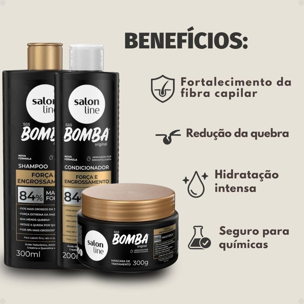 Kit Salon Line SOS Bomba Força e Engrossamento: Shampoo 300ml e Condicionador 200ml + Máscara Hidratante 300g ÚNICO 2
