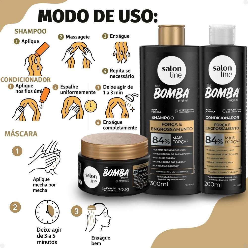 Kit Salon Line SOS Bomba Força e Engrossamento: Shampoo 300ml e Condicionador 200ml + Máscara Hidratante 300g ÚNICO 4