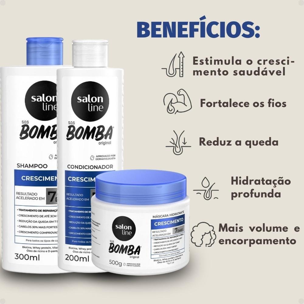 Kit Salon Line SOS Bomba Crescimento Capilar: Shampoo 300ml e Condicionador 200ml + Máscara Hidratante 500g ÚNICO 2