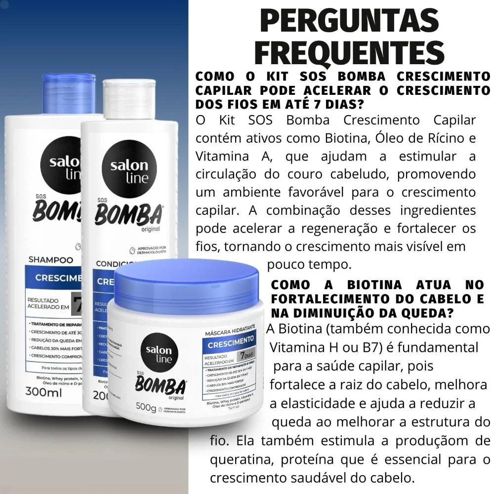 Kit Salon Line SOS Bomba Crescimento Capilar: Shampoo 300ml e Condicionador 200ml + Máscara Hidratante 500g ÚNICO 5