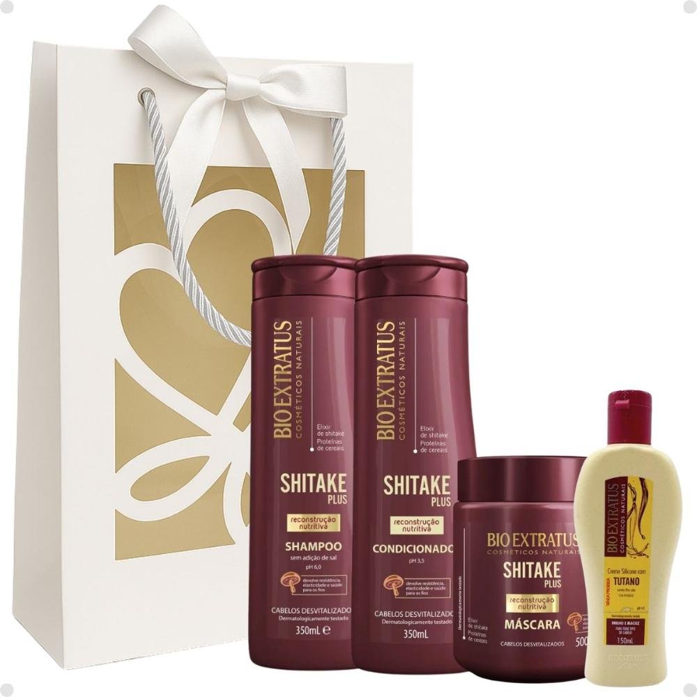 Kit Presente Bio Extratus Shitake Plus: Shampoo, Condicionador 350ml, Máscara 500g + Mimo Creme Silicone 150ml ÚNICO 1