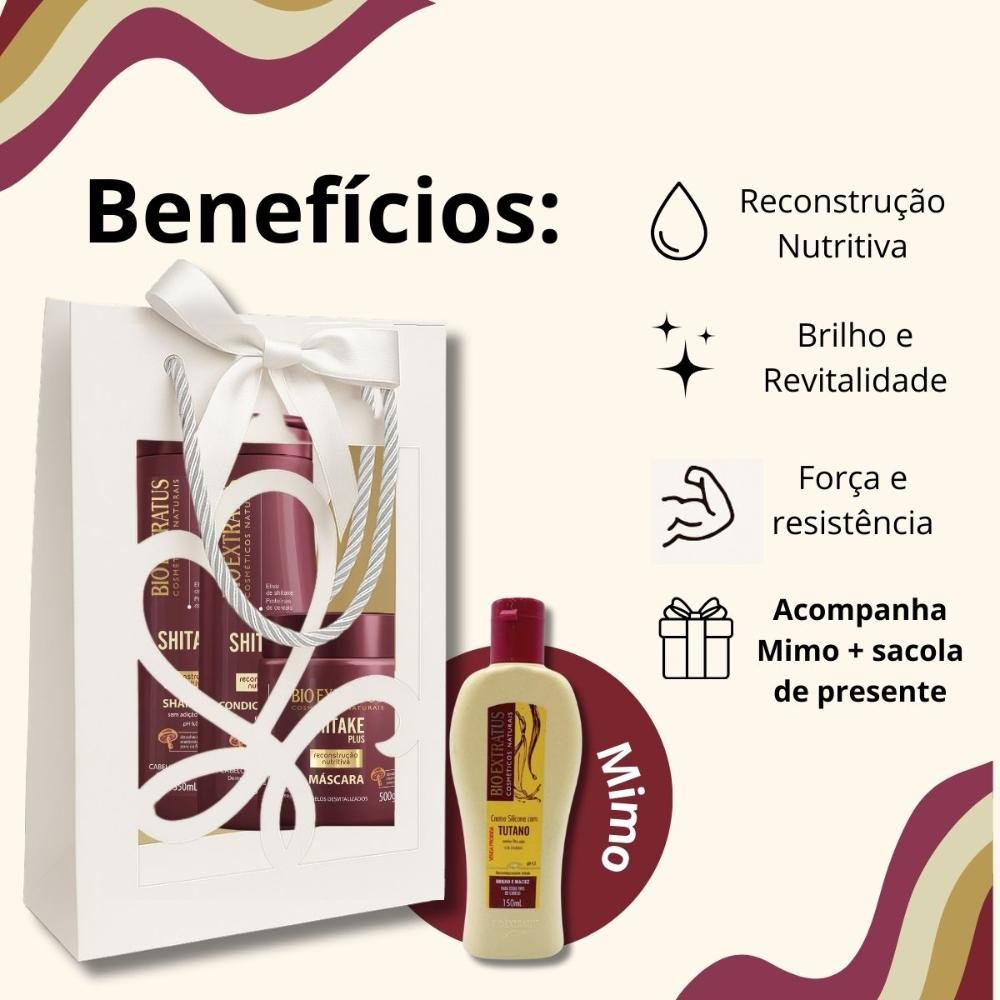 Kit Presente Bio Extratus Shitake Plus: Shampoo, Condicionador 350ml, Máscara 500g + Mimo Creme Silicone 150ml ÚNICO 2