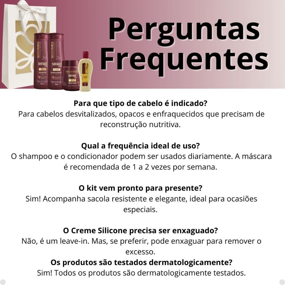 Kit Presente Bio Extratus Shitake Plus: Shampoo, Condicionador 350ml, Máscara 500g + Mimo Creme Silicone 150ml ÚNICO 5