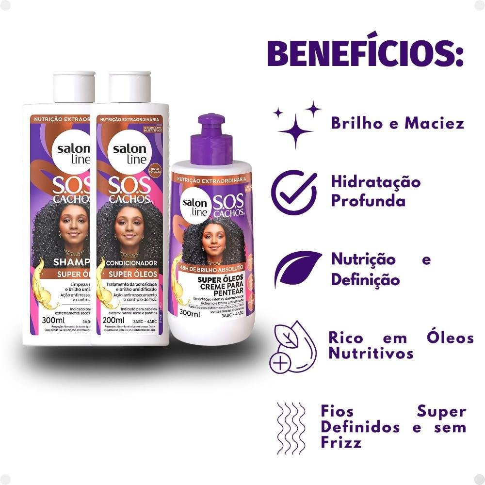 Kit Salon Line SOS Cachos Super Óleos: Shampoo 300ml e Condicionador 200ml + Creme Para Pentear 300ml ÚNICO 2