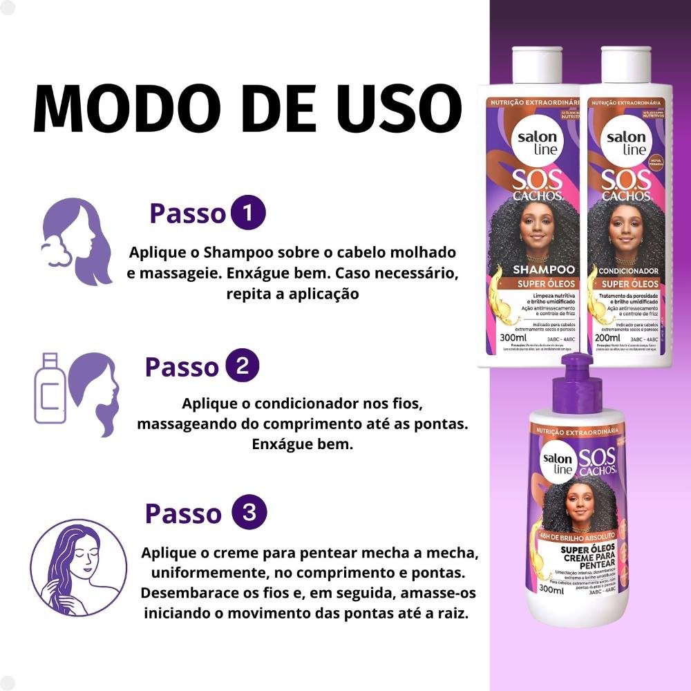 Kit Salon Line SOS Cachos Super Óleos: Shampoo 300ml e Condicionador 200ml + Creme Para Pentear 300ml ÚNICO 5