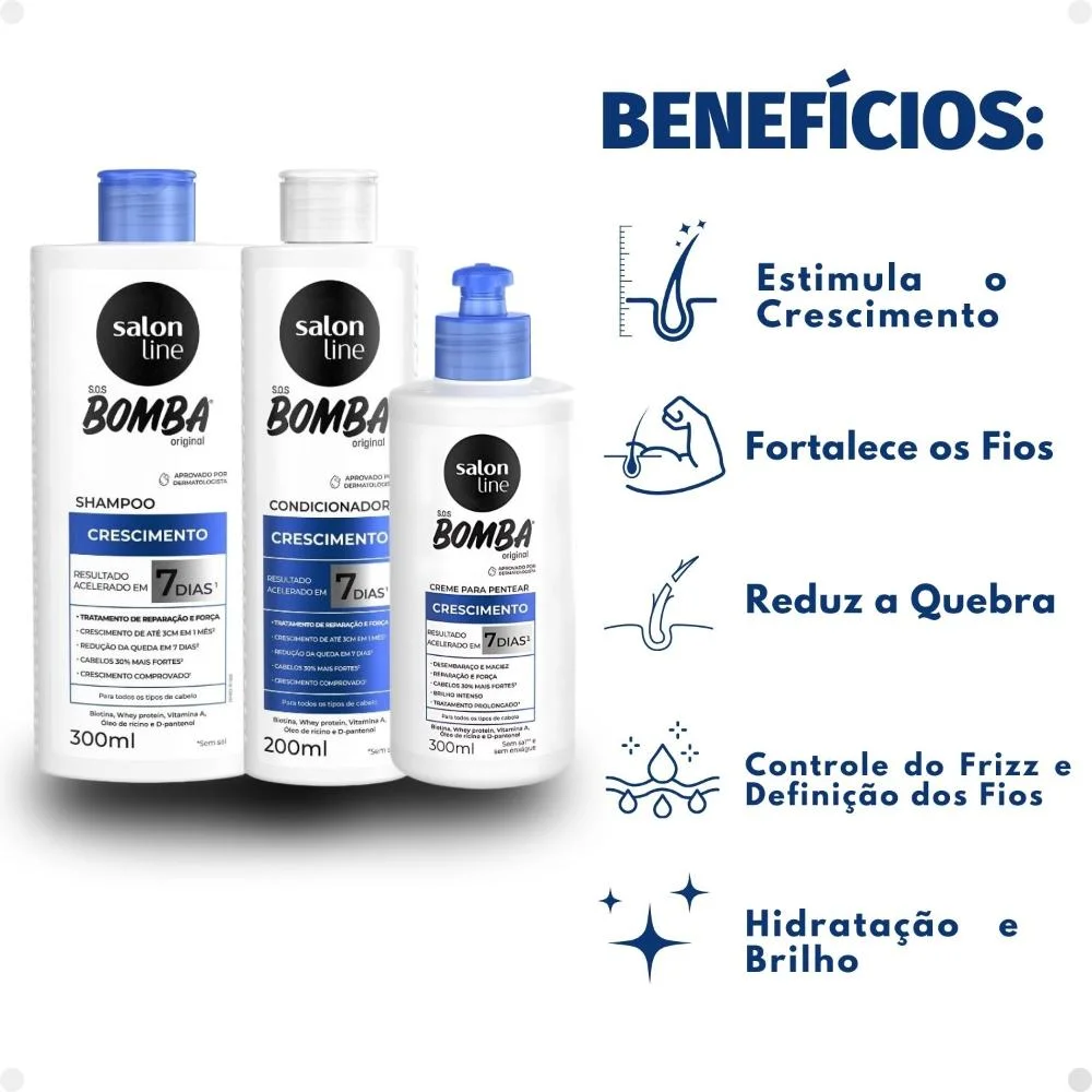 Kit Salon Line SOS Bomba Crescimento Capilar: Shampoo 300ml e Condicionador 200ml + Creme Para Pentear 300ml  ÚNICO 2