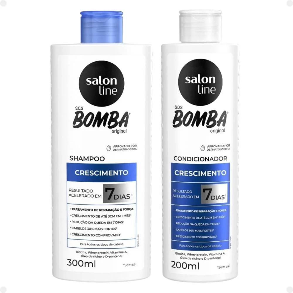 Kit Salon Line SOS Bomba Crescimento Capilar: Shampoo 300ml e Condicionador 200ml + Creme Para Pentear 300ml  ÚNICO 3