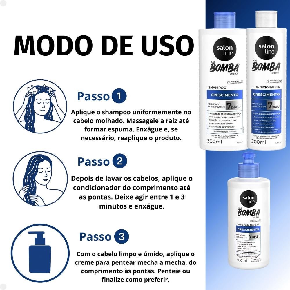 Kit Salon Line SOS Bomba Crescimento Capilar: Shampoo 300ml e Condicionador 200ml + Creme Para Pentear 300ml  ÚNICO 5