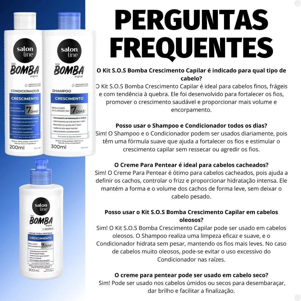 Kit Salon Line SOS Bomba Crescimento Capilar: Shampoo 300ml e Condicionador 200ml + Creme Para Pentear 300ml  ÚNICO 6
