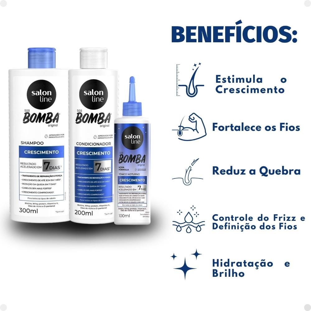 Kit Salon Line SOS Bomba Crescimento Capilar: Shampoo 300ml e Condicionador 200ml + Tônico Noturno 100ml ÚNICO 2