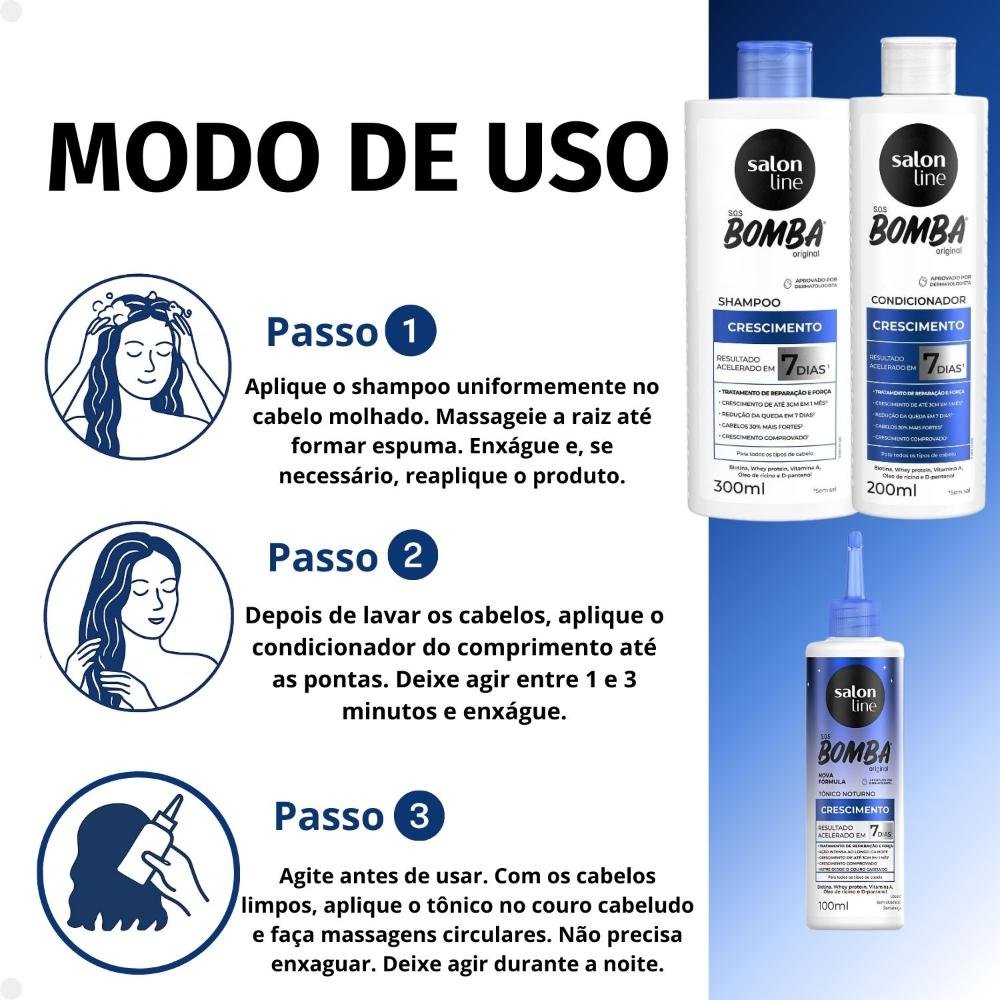 Kit Salon Line SOS Bomba Crescimento Capilar: Shampoo 300ml e Condicionador 200ml + Tônico Noturno 100ml ÚNICO 5