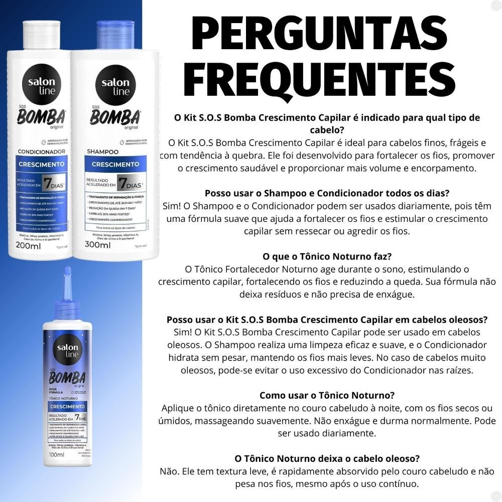 Kit Salon Line SOS Bomba Crescimento Capilar: Shampoo 300ml e Condicionador 200ml + Tônico Noturno 100ml ÚNICO 6