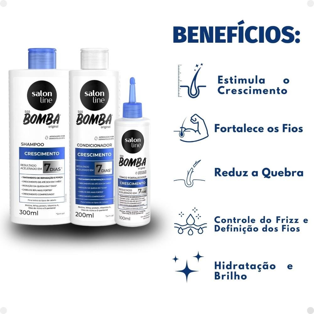 Kit Salon Line SOS Bomba Crescimento Capilar: Shampoo 300ml e Condicionador 200ml + Tônico Fortalecedor 100ml ÚNICO 2