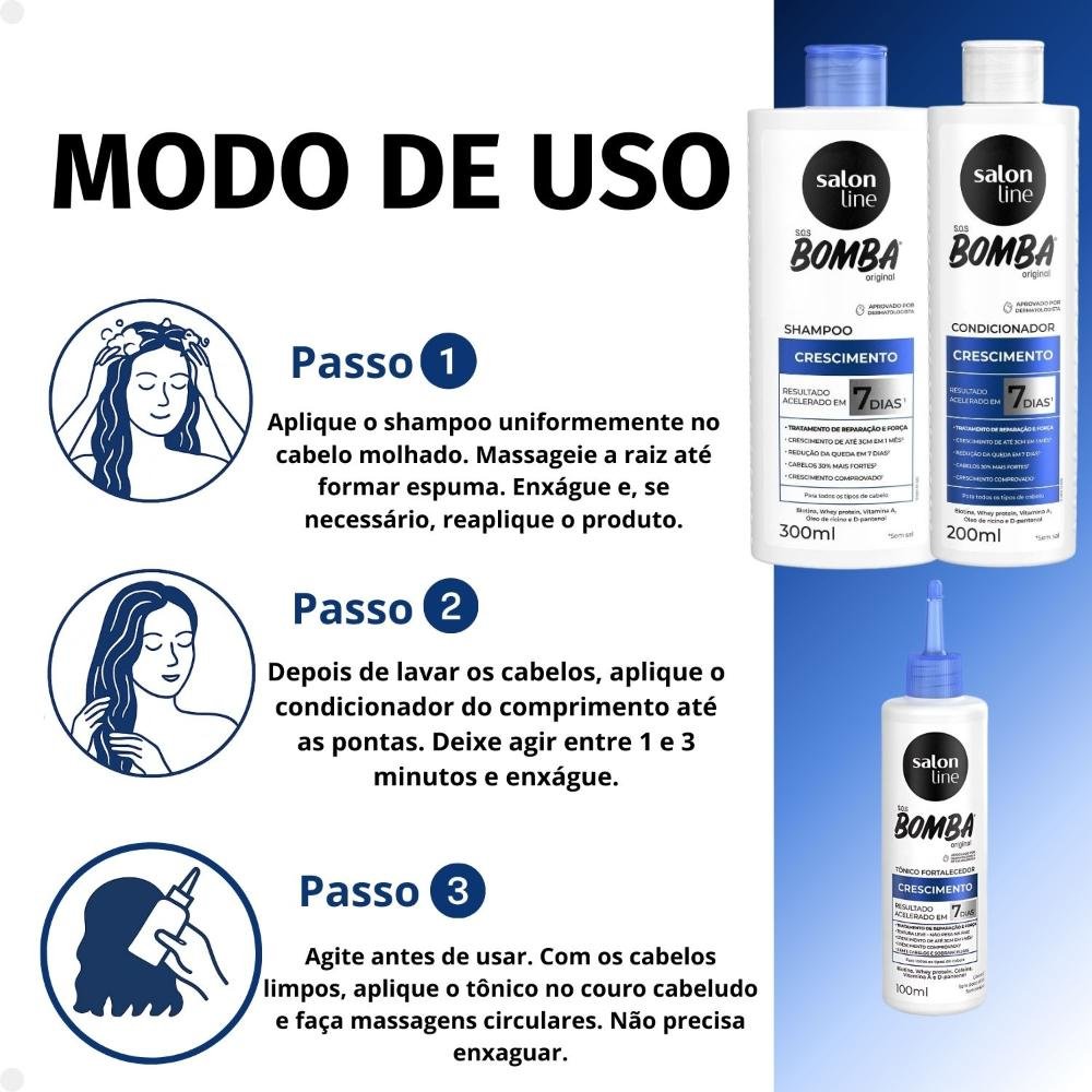 Kit Salon Line SOS Bomba Crescimento Capilar: Shampoo 300ml e Condicionador 200ml + Tônico Fortalecedor 100ml ÚNICO 5