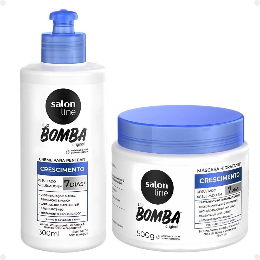 Kit Salon Line SOS Bomba Crescimento Capilar: Shampoo 300ml e Condicionador 200ml + Máscara Hidratante 500g e Creme Para Pentear 300ml ÚNICO 4
