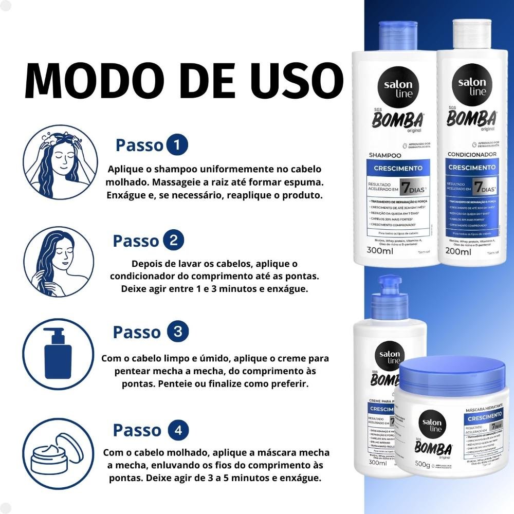 Kit Salon Line SOS Bomba Crescimento Capilar: Shampoo 300ml e Condicionador 200ml + Máscara Hidratante 500g e Creme Para Pentear 300ml ÚNICO 5