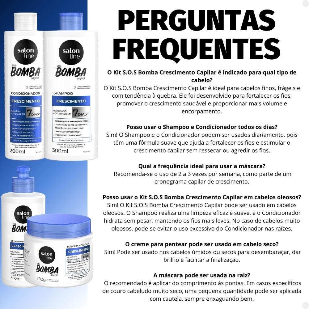 Kit Salon Line SOS Bomba Crescimento Capilar: Shampoo 300ml e Condicionador 200ml + Máscara Hidratante 500g e Creme Para Pentear 300ml ÚNICO 6