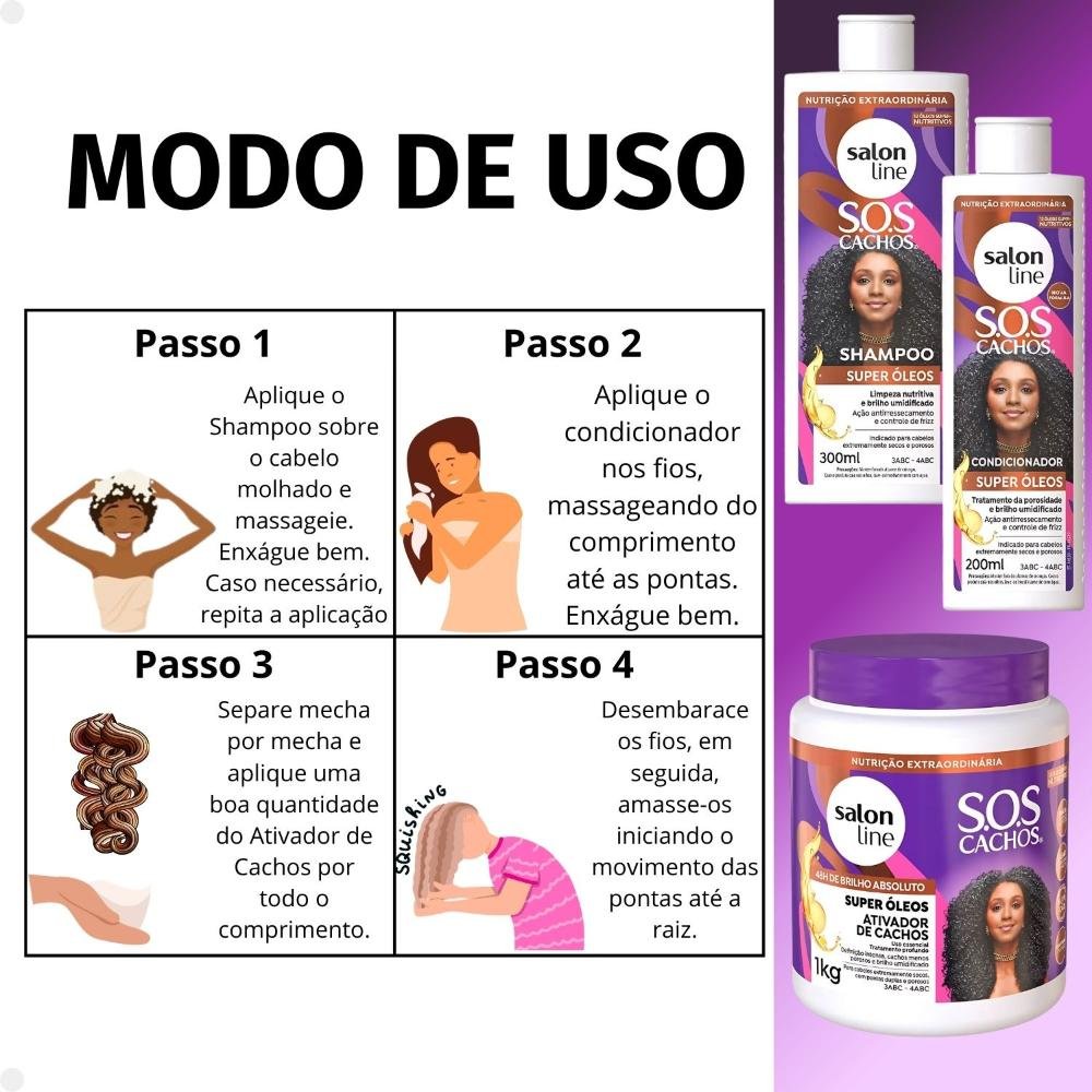 Kit Salon Line SOS Cachos Super Óleos: Shampoo 300ml e Condicionador 200ml + Ativador de Cachos 1kg ÚNICO 6