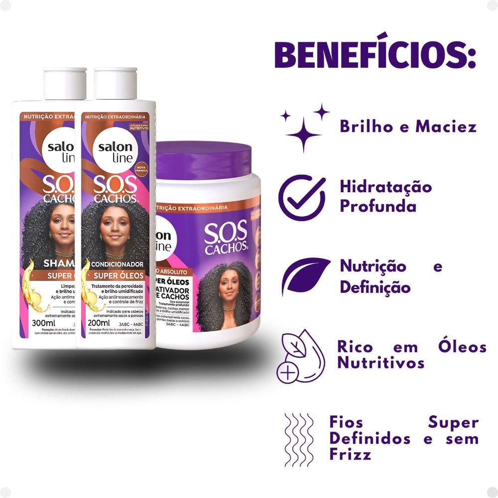 Kit Salon Line SOS Cachos Super Óleos: Shampoo 300ml e Condicionador 200ml + Ativador de Cachos 1kg ÚNICO 9