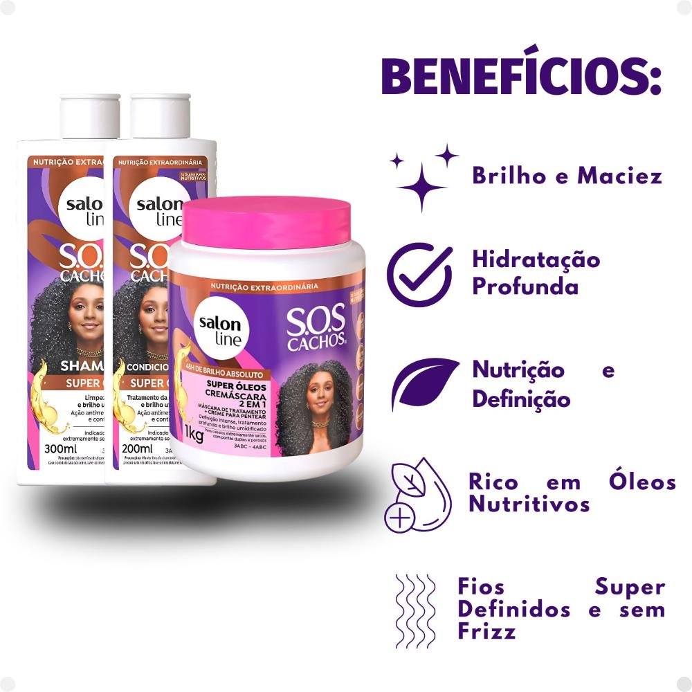 Kit Salon Line SOS Cachos Super Óleos: Shampoo 300ml e Condicionador 200ml + Cremáscara 2 em 1 1kg ÚNICO 2