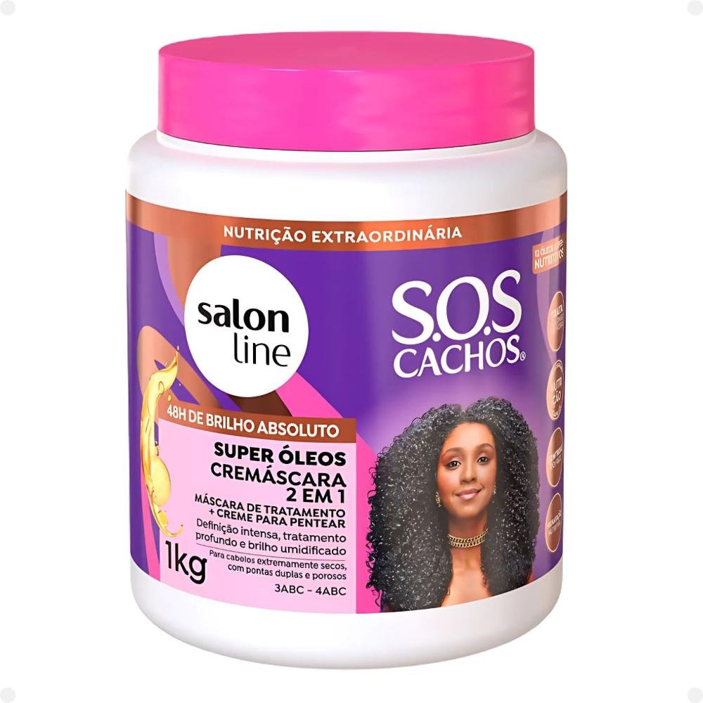 Kit Salon Line SOS Cachos Super Óleos: Shampoo 300ml e Condicionador 200ml + Cremáscara 2 em 1 1kg ÚNICO 12