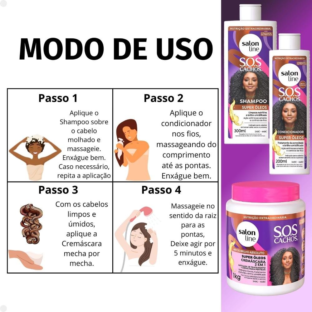 Kit Salon Line SOS Cachos Super Óleos: Shampoo 300ml e Condicionador 200ml + Cremáscara 2 em 1 1kg ÚNICO 13