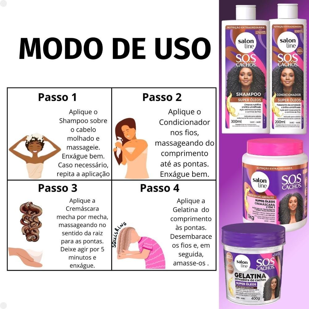 Kit Salon Line SOS Cachos Super Óleos: Shampoo 300ml e Condicionador 200ml + Cremáscara 2 em 1 1kg e Geleia Ativadora de Cachos 400g ÚNICO 13