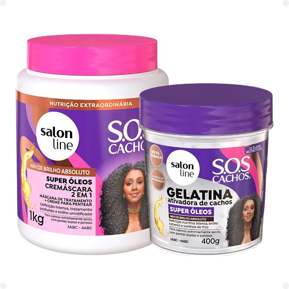 Kit Salon Line SOS Cachos Super Óleos: Shampoo 300ml e Condicionador 200ml + Cremáscara 2 em 1 1kg e Geleia Ativadora de Cachos 400g ÚNICO 5