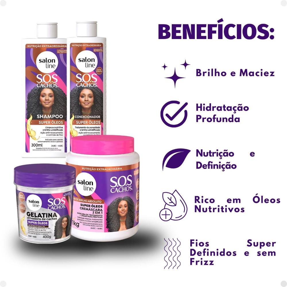 Kit Salon Line SOS Cachos Super Óleos: Shampoo 300ml e Condicionador 200ml + Cremáscara 2 em 1 1kg e Geleia Ativadora de Cachos 400g ÚNICO 9