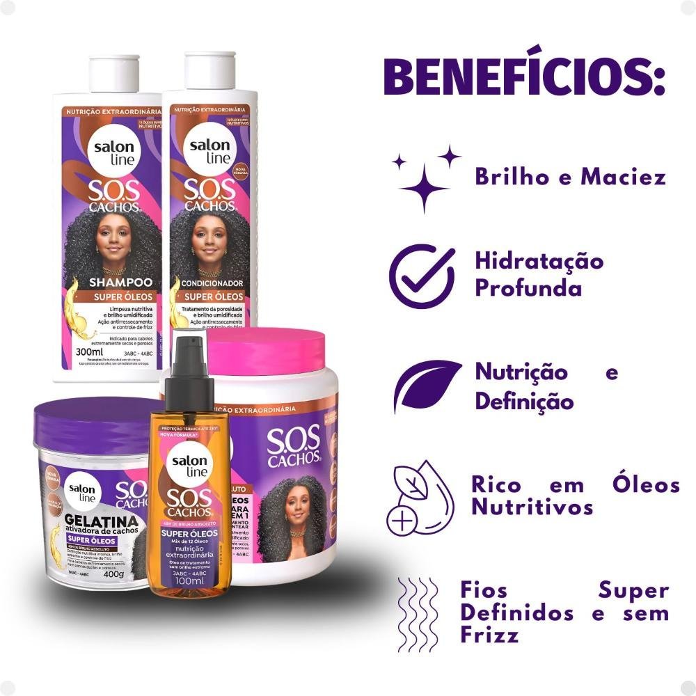 Kit Salon Line SOS Cachos Super Óleos: Shampoo 300ml e Condicionador 200ml + Cremáscara 2 em 1 1kg, Gelatina Ativadora de Cachos 400g e Óleo de Tratam ÚNICO 2