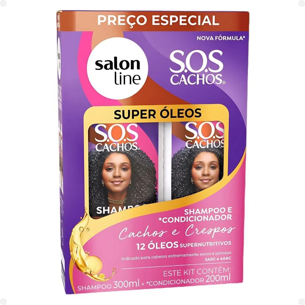 Kit Salon Line SOS Cachos Super Óleos: Shampoo 300ml e Condicionador 200ml + Cremáscara 2 em 1 1kg, Gelatina Ativadora de Cachos 400g e Óleo de Tratam ÚNICO 4