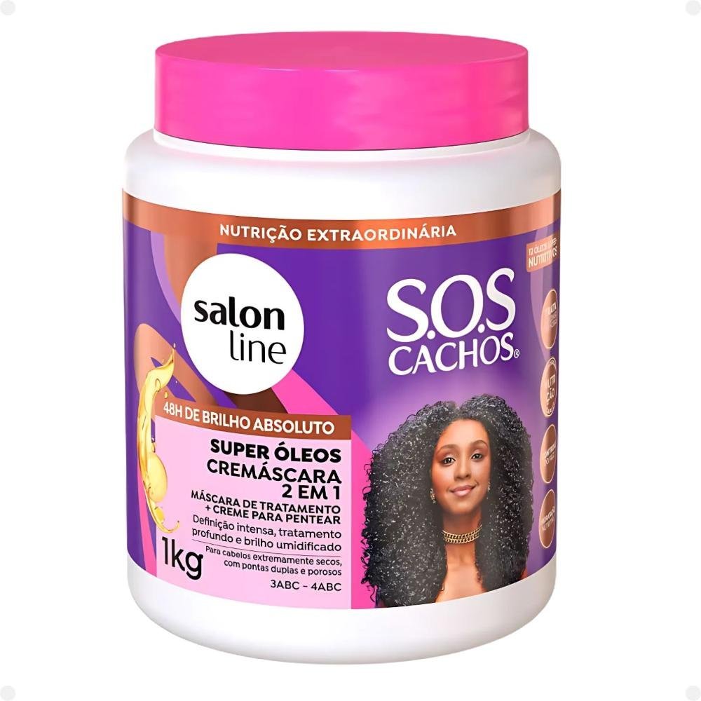Kit Salon Line SOS Cachos Super Óleos: Shampoo 300ml e Condicionador 200ml + Cremáscara 2 em 1 1kg, Gelatina Ativadora de Cachos 400g e Óleo de Tratam ÚNICO 5