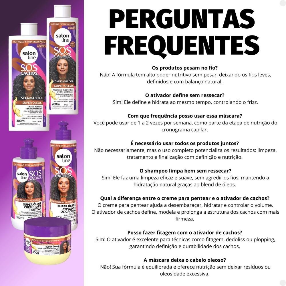 Kit Salon Line SOS Cachos Super Óleos: Shampoo 300ml e Condicionador 200ml + Cremáscara 2 em 1 1kg, Gelatina Ativadora de Cachos 400g e Óleo de Tratam ÚNICO 6