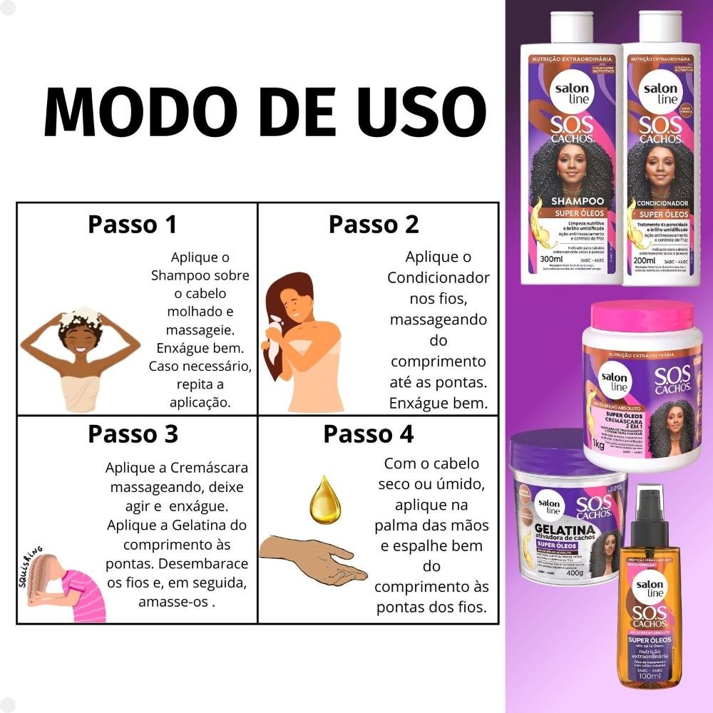 Kit Salon Line SOS Cachos Super Óleos: Shampoo 300ml e Condicionador 200ml + Cremáscara 2 em 1 1kg, Gelatina Ativadora de Cachos 400g e Óleo de Tratam ÚNICO 7