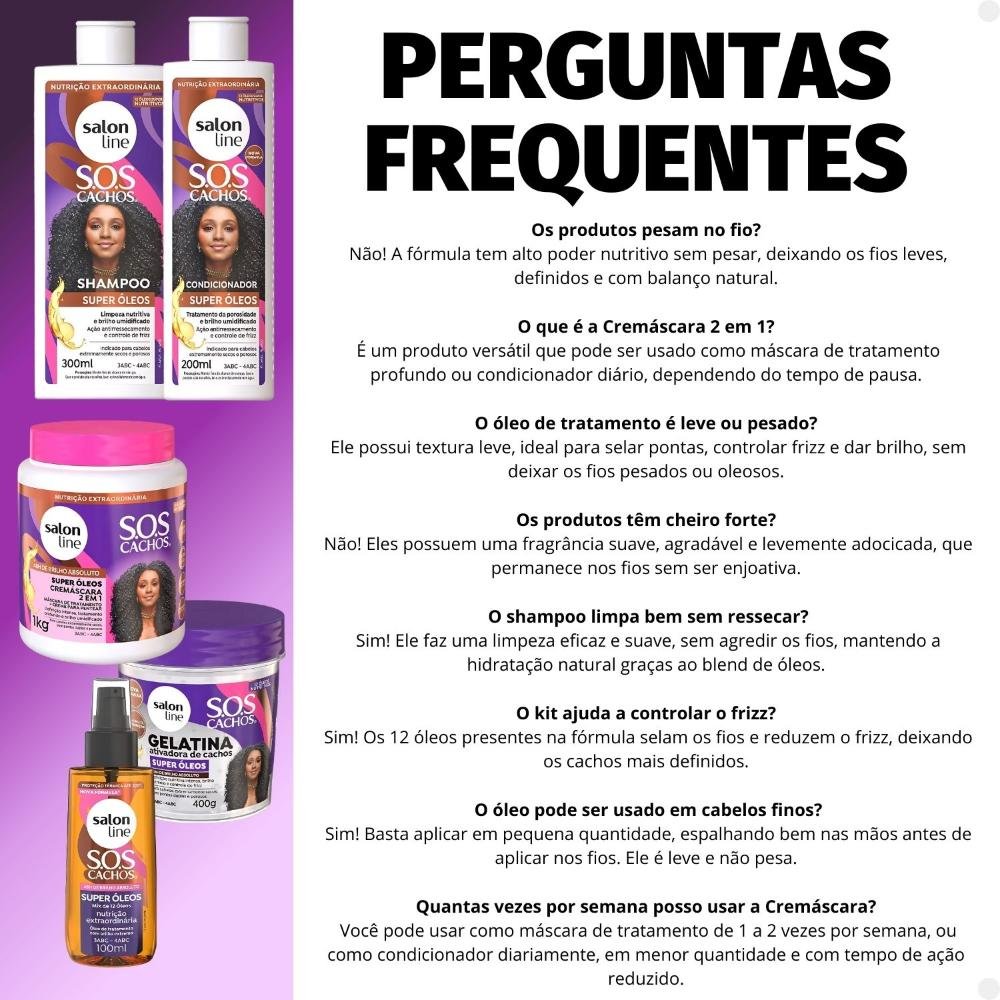 Kit Salon Line SOS Cachos Super Óleos: Shampoo 300ml e Condicionador 200ml + Cremáscara 2 em 1 1kg, Gelatina Ativadora de Cachos 400g e Óleo de Tratam ÚNICO 8