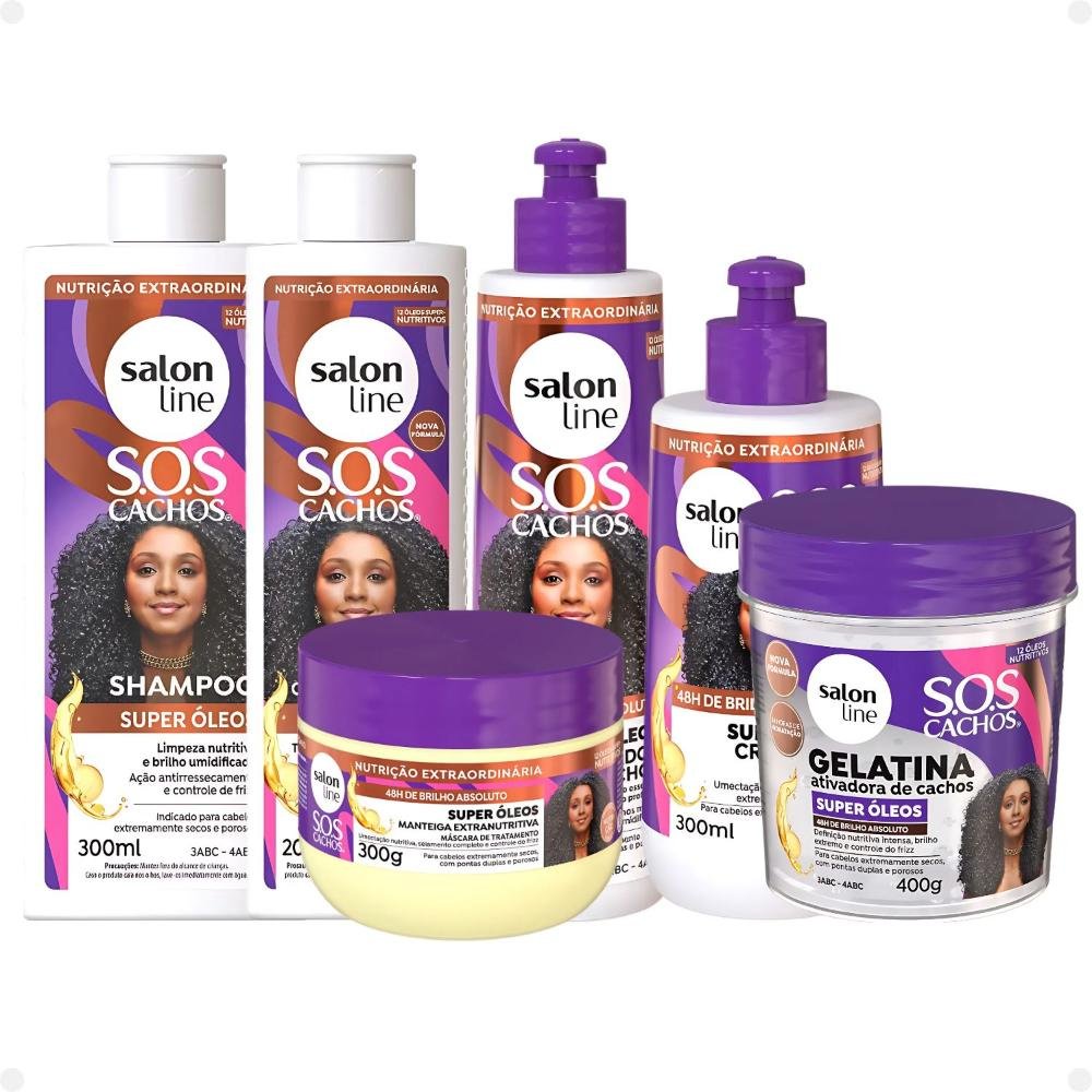 Kit Salon Line SOS Cachos Super Óleos: Shampoo 300ml e Condicionador 200ml + Creme Para Pentear 300ml, Ativador de Cachos 300ml, Máscara de Tratamento ÚNICO 1