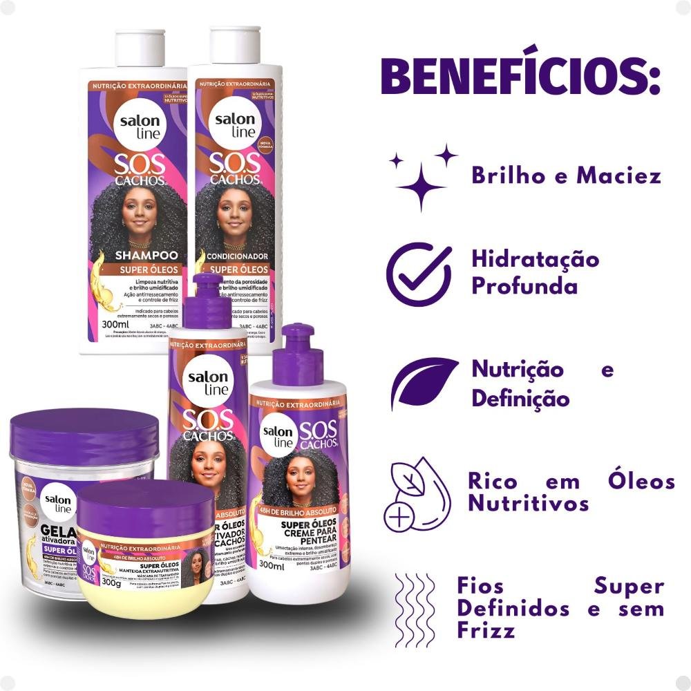 Kit Salon Line SOS Cachos Super Óleos: Shampoo 300ml e Condicionador 200ml + Creme Para Pentear 300ml, Ativador de Cachos 300ml, Máscara de Tratamento ÚNICO 2