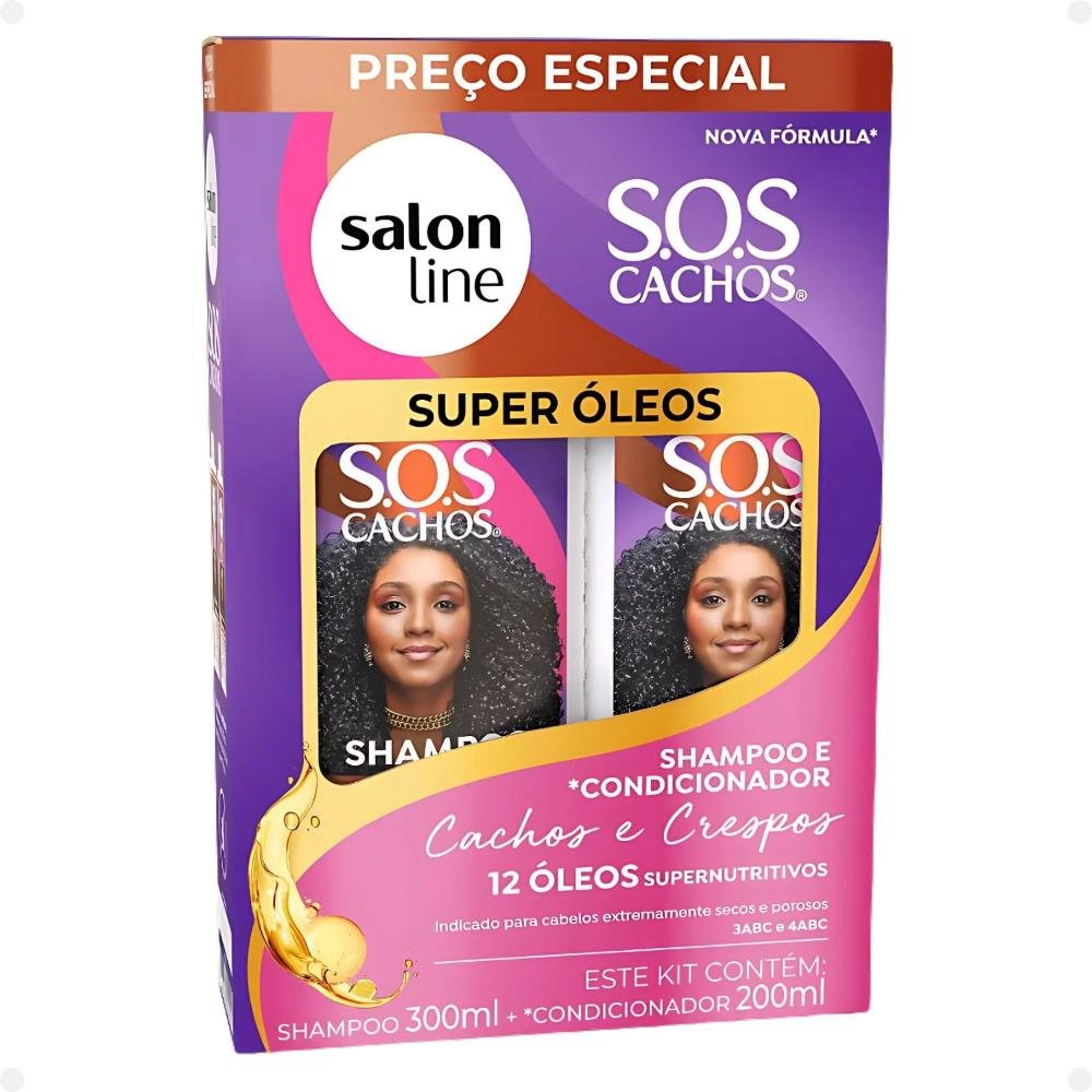 Kit Salon Line SOS Cachos Super Óleos: Shampoo 300ml e Condicionador 200ml + Creme Para Pentear 300ml, Ativador de Cachos 300ml, Máscara de Tratamento ÚNICO 12