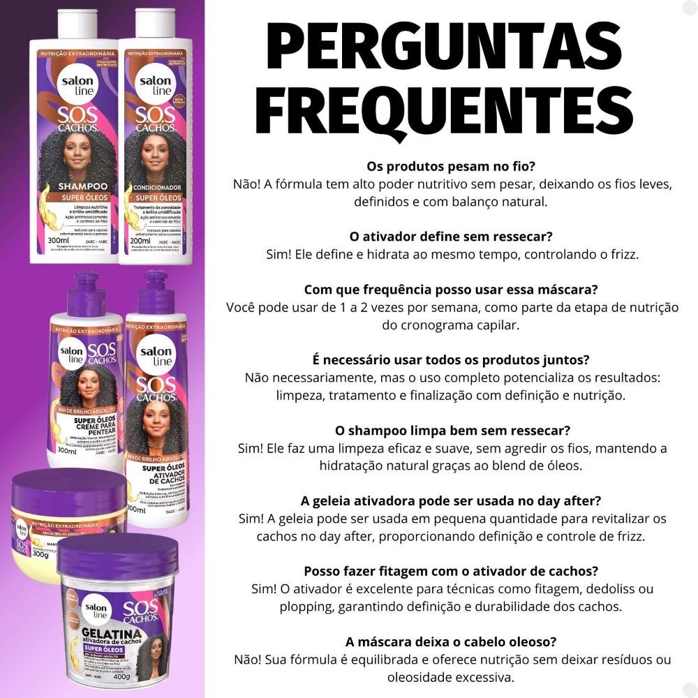 Kit Salon Line SOS Cachos Super Óleos: Shampoo 300ml e Condicionador 200ml + Creme Para Pentear 300ml, Ativador de Cachos 300ml, Máscara de Tratamento ÚNICO 16