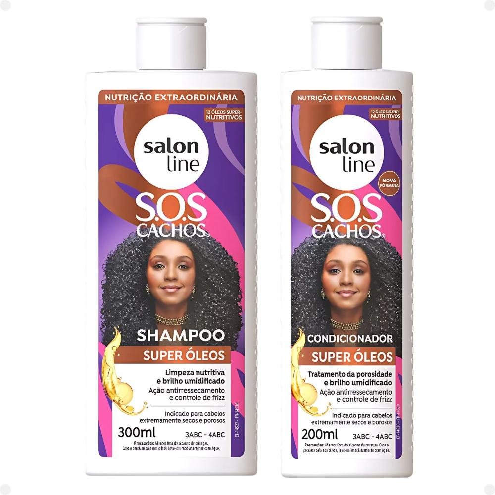 Kit Salon Line SOS Cachos Super Óleos: Shampoo 300ml e Condicionador 200ml + Creme Para Pentear 300ml, Ativador de Cachos 300ml, Máscara de Tratamento ÚNICO 3