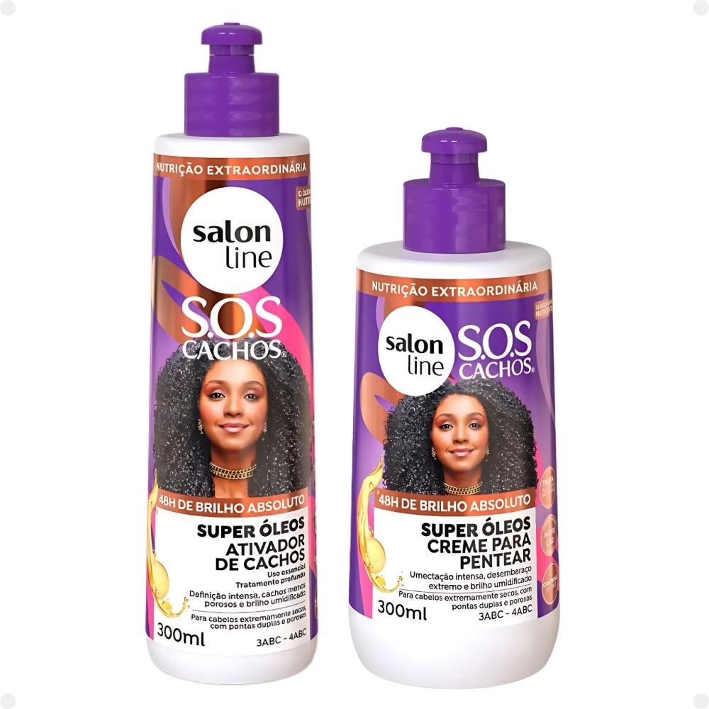 Kit Salon Line SOS Cachos Super Óleos: Shampoo 300ml e Condicionador 200ml + Creme Para Pentear 300ml, Ativador de Cachos 300ml, Máscara de Tratamento ÚNICO 6