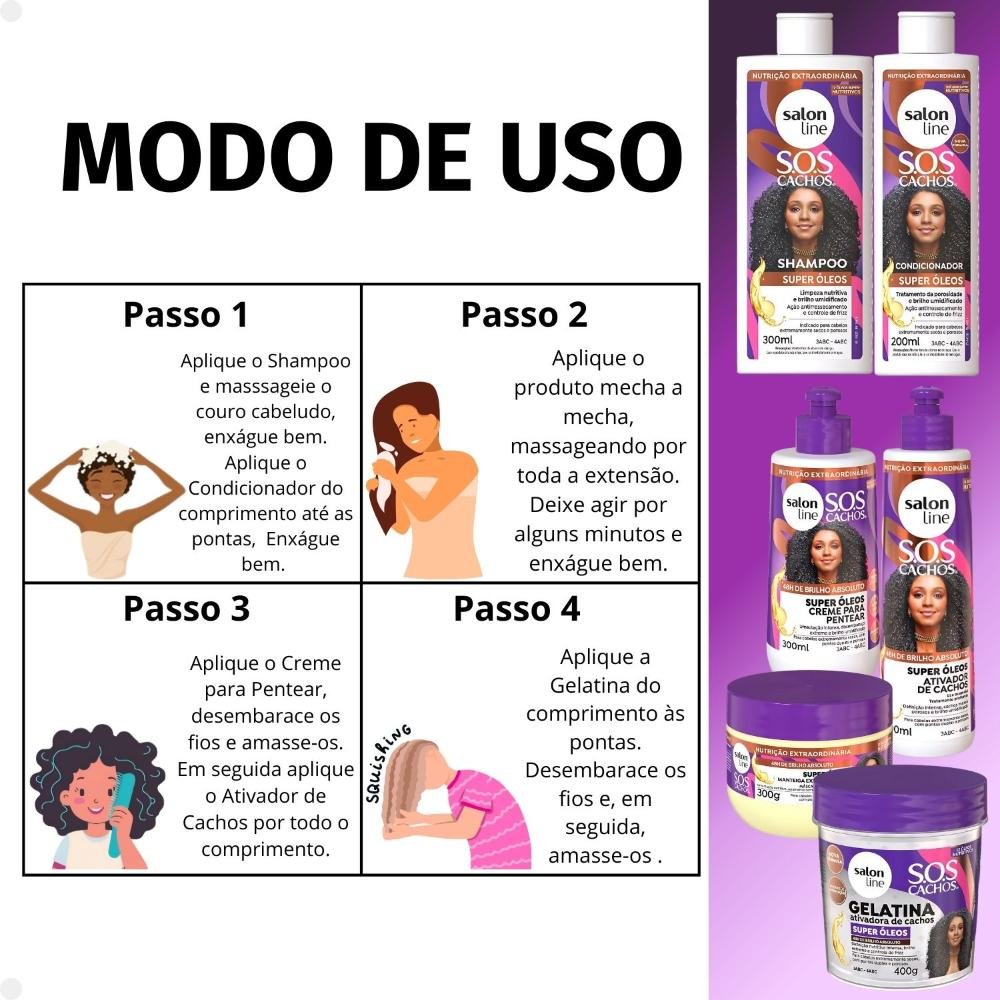 Kit Salon Line SOS Cachos Super Óleos: Shampoo 300ml e Condicionador 200ml + Creme Para Pentear 300ml, Ativador de Cachos 300ml, Máscara de Tratamento ÚNICO 7