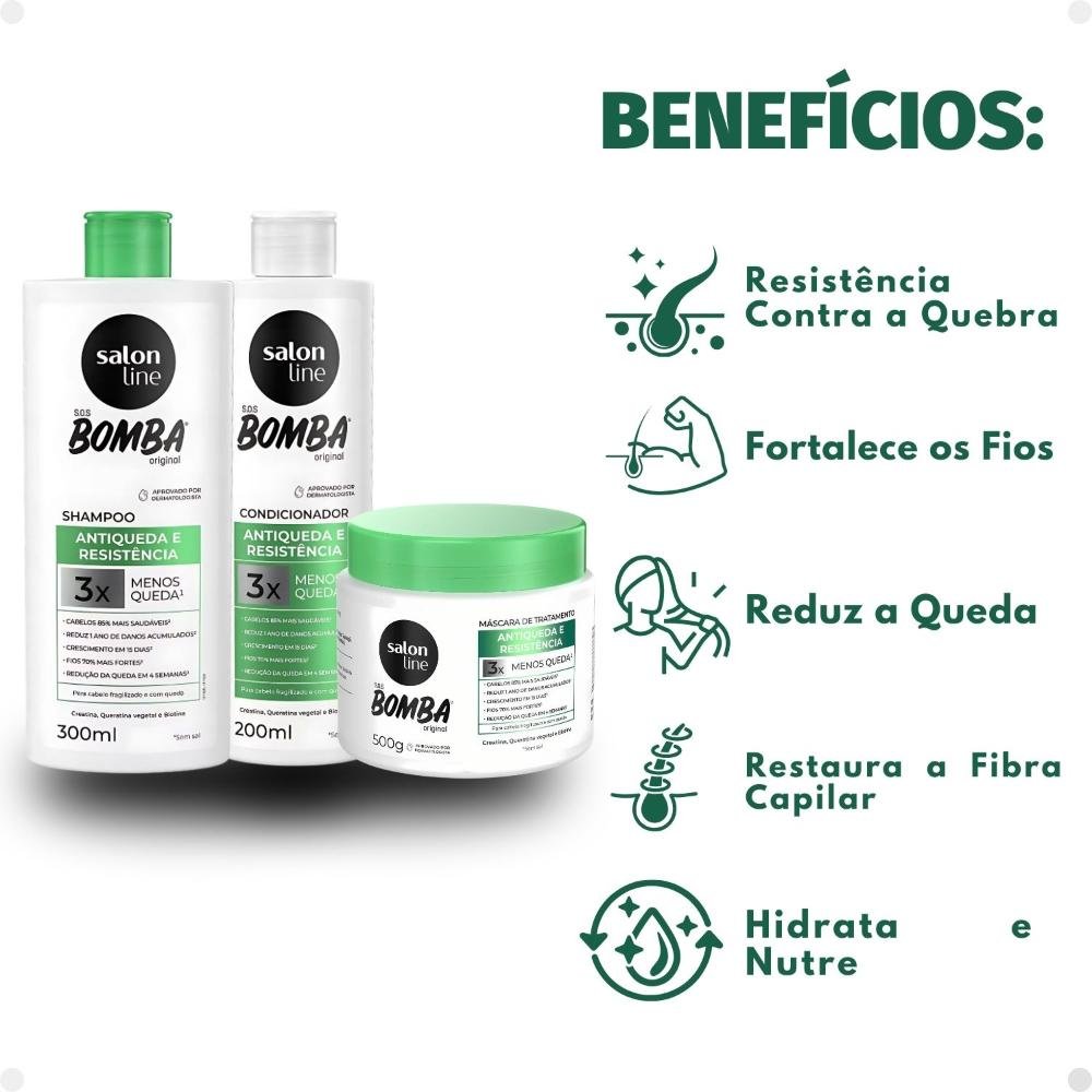 Kit Salon Line SOS Bomba Antiqueda e Resistência: Shampoo 300ml e Condicionador 200ml + Máscara de Tratamento 500g ÚNICO 2