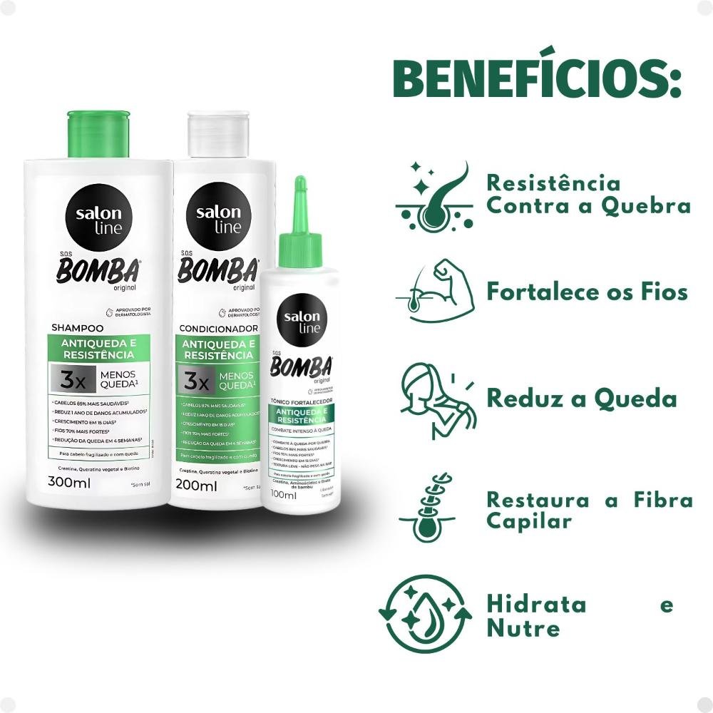 Kit Salon Line SOS Bomba Antiqueda e Resistência: Shampoo 300ml e Condicionador 200ml + Tônico Fortalecedor 100ml ÚNICO 2