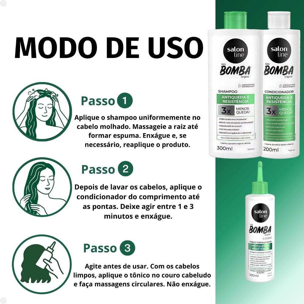 Kit Salon Line SOS Bomba Antiqueda e Resistência: Shampoo 300ml e Condicionador 200ml + Tônico Fortalecedor 100ml ÚNICO 6